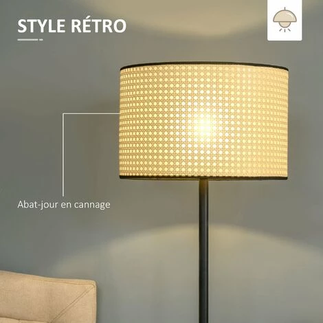 HOMCOM Lampadaire Cannage Style Cosy 40 W Max. H.153H Cm Piètement Mât Noir Abat-jour Cannage - Noir 7 HOMCOM Lampadaire Cannage Style Cosy 40 W Max. H.153H Cm Piètement Mât Noir Abat-jour Cannage - Noir – Image 5