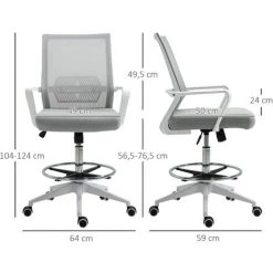 HOMCOM Fauteuil De Bureau Chaise De Bureau Assise Haute Réglable Dim. 64L X 59l X 104-124H Cm Pivotant 360° Maille Respirante Gris - Gris -France HOMCOM Soldes 2022 59678833 3