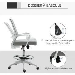 HOMCOM Fauteuil De Bureau Chaise De Bureau Assise Haute Réglable Dim. 64L X 59l X 104-124H Cm Pivotant 360° Maille Respirante Gris - Gris -France HOMCOM Soldes 2022 59678833 4