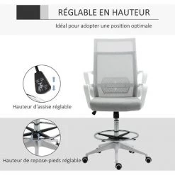 HOMCOM Fauteuil De Bureau Chaise De Bureau Assise Haute Réglable Dim. 64L X 59l X 104-124H Cm Pivotant 360° Maille Respirante Gris - Gris -France HOMCOM Soldes 2022 59678833 5