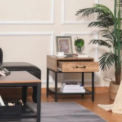 HOMCOM Chevet Table De Nuit Style Industriel Vintage - Tiroir, étagère - Aspect Bois Teck Veinage Métal Noir - Marron -France HOMCOM Soldes 2022 60072211 4