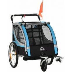 HOMCOM Remorque Vélo Jogger 2 En 1 Pour Enfant Drapeau Roue Avant Pivotante Réflecteurs Et Barre D'attelage Inclus Bleu Noir - Bleu
