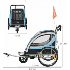 HOMCOM Remorque Vélo Jogger 2 En 1 Pour Enfant Drapeau Roue Avant Pivotante Réflecteurs Et Barre D'attelage Inclus Bleu Noir - Bleu -France HOMCOM Soldes 2022 60072219 3