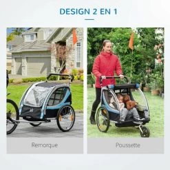 HOMCOM Remorque Vélo Jogger 2 En 1 Pour Enfant Drapeau Roue Avant Pivotante Réflecteurs Et Barre D'attelage Inclus Bleu Noir - Bleu -France HOMCOM Soldes 2022 60072219 5