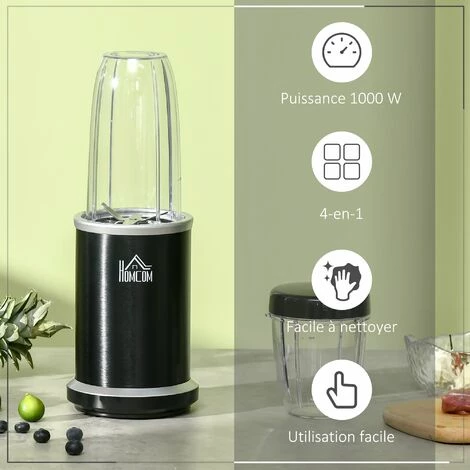 HOMCOM Blender 1000 W - 4 Modes - 2 Bols 700 Ml Et 350 Ml - Système Verrouillage Sécurité - Nettoyage Facile - Alu. Tritan Noir - Noir 6 HOMCOM Blender 1000 W - 4 Modes - 2 Bols 700 Ml Et 350 Ml - Système Verrouillage Sécurité - Nettoyage Facile - Alu. Tritan Noir - Noir – Image 4