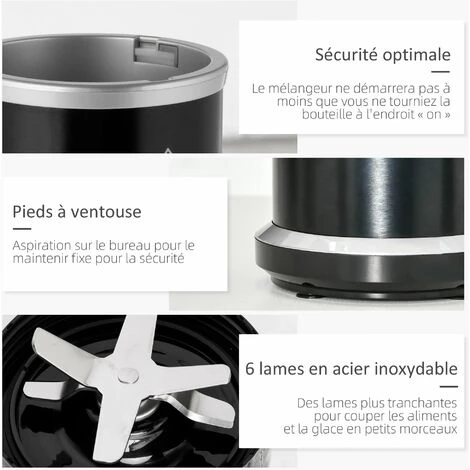 HOMCOM Blender 1000 W - 4 Modes - 2 Bols 700 Ml Et 350 Ml - Système Verrouillage Sécurité - Nettoyage Facile - Alu. Tritan Noir - Noir 7 HOMCOM Blender 1000 W - 4 Modes - 2 Bols 700 Ml Et 350 Ml - Système Verrouillage Sécurité - Nettoyage Facile - Alu. Tritan Noir - Noir – Image 5