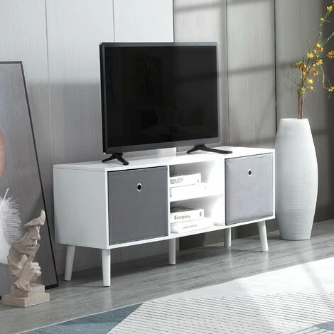 HOMCOM Meuble TV Banc TV Style Contemporain - 2 Niches, 2 Paniers, Passe-câbles, Grand Plateau - Dim. 110L X 29l X 46H Cm - MDF Pin Blanc Non Tissé Gris - Gris 4 HOMCOM Meuble TV Banc TV Style Contemporain - 2 Niches, 2 Paniers, Passe-câbles, Grand Plateau - Dim. 110L X 29l X 46H Cm - MDF Pin Blanc Non Tissé Gris - Gris – Image 2