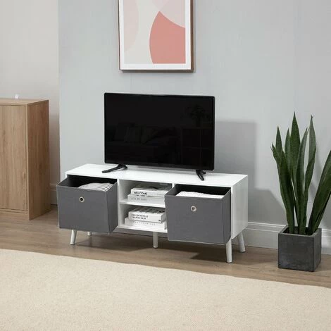 HOMCOM Meuble TV Banc TV Style Contemporain - 2 Niches, 2 Paniers, Passe-câbles, Grand Plateau - Dim. 110L X 29l X 46H Cm - MDF Pin Blanc Non Tissé Gris - Gris 6 HOMCOM Meuble TV Banc TV Style Contemporain - 2 Niches, 2 Paniers, Passe-câbles, Grand Plateau - Dim. 110L X 29l X 46H Cm - MDF Pin Blanc Non Tissé Gris - Gris – Image 4