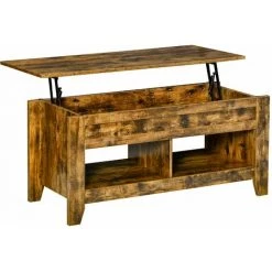 HOMCOM Table Basse Rectangulaire Plateau Relevable 2 Niches Et Coffre Panneaux Particules Aspect Bois Vieilli - Marron