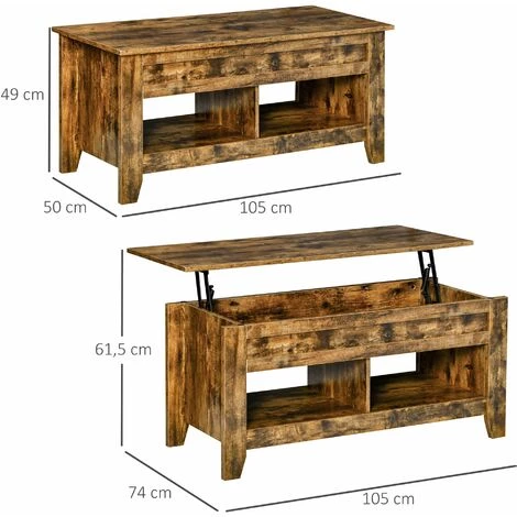 HOMCOM Table Basse Rectangulaire Plateau Relevable 2 Niches Et Coffre Panneaux Particules Aspect Bois Vieilli - Marron 5 HOMCOM Table Basse Rectangulaire Plateau Relevable 2 Niches Et Coffre Panneaux Particules Aspect Bois Vieilli - Marron – Image 3
