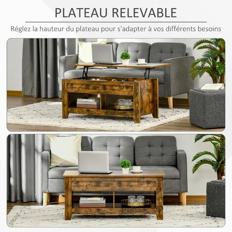 HOMCOM Table Basse Rectangulaire Plateau Relevable 2 Niches Et Coffre Panneaux Particules Aspect Bois Vieilli - Marron 7 HOMCOM Table Basse Rectangulaire Plateau Relevable 2 Niches Et Coffre Panneaux Particules Aspect Bois Vieilli - Marron – Image 5