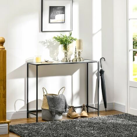 HOMCOM Console Table D'appoint Style Contemporain Plateau Verre Trempé Blanc Mat Châssis Acier Noir - Blanc 4 HOMCOM Console Table D'appoint Style Contemporain Plateau Verre Trempé Blanc Mat Châssis Acier Noir - Blanc – Image 2