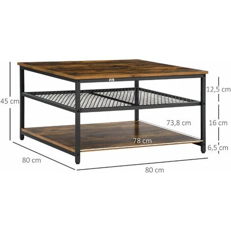 HOMCOM Table Basse Vintage Carrée Style Industriel - 2 étagères - Métal Noir Panneaux Particules Aspect Bois Vieilli - Marron 5 HOMCOM Table Basse Vintage Carrée Style Industriel - 2 étagères - Métal Noir Panneaux Particules Aspect Bois Vieilli - Marron – Image 3