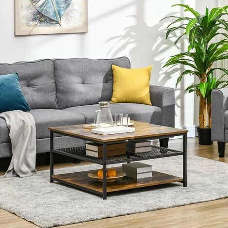 HOMCOM Table Basse Vintage Carrée Style Industriel - 2 étagères - Métal Noir Panneaux Particules Aspect Bois Vieilli - Marron 6 HOMCOM Table Basse Vintage Carrée Style Industriel - 2 étagères - Métal Noir Panneaux Particules Aspect Bois Vieilli - Marron – Image 4