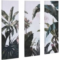 HOMCOM Triptyque Imprimé Et Peint Paysage Tropical - Dim. 90L X 30l Cm (x3) - Décoration Murale - Toile 100% Polyester Structure Bois De Pin Encre Vert Blanc - Blanc
