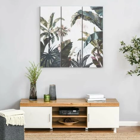 HOMCOM Triptyque Imprimé Et Peint Paysage Tropical - Dim. 90L X 30l Cm (x3) - Décoration Murale - Toile 100% Polyester Structure Bois De Pin Encre Vert Blanc - Blanc 4 HOMCOM Triptyque Imprimé Et Peint Paysage Tropical - Dim. 90L X 30l Cm (x3) - Décoration Murale - Toile 100% Polyester Structure Bois De Pin Encre Vert Blanc - Blanc – Image 2