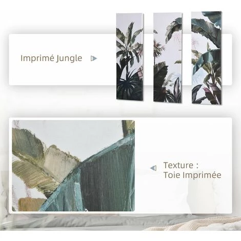 HOMCOM Triptyque Imprimé Et Peint Paysage Tropical - Dim. 90L X 30l Cm (x3) - Décoration Murale - Toile 100% Polyester Structure Bois De Pin Encre Vert Blanc - Blanc 7 HOMCOM Triptyque Imprimé Et Peint Paysage Tropical - Dim. 90L X 30l Cm (x3) - Décoration Murale - Toile 100% Polyester Structure Bois De Pin Encre Vert Blanc - Blanc – Image 5