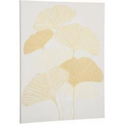 HOMCOM Tableau Imprimé Et Peint Feuilles Ginkgo Biloba - Dim. 100L X 80l Cm - Décoration Murale - Toile 100% Polyester Structure Bois De Pin Encre Dorée Blanc - Blanc