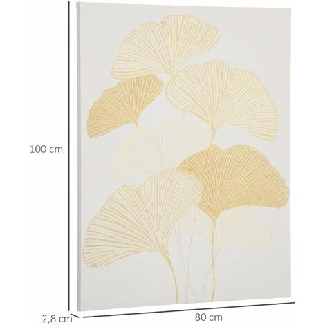 HOMCOM Tableau Imprimé Et Peint Feuilles Ginkgo Biloba - Dim. 100L X 80l Cm - Décoration Murale - Toile 100% Polyester Structure Bois De Pin Encre Dorée Blanc - Blanc 5 HOMCOM Tableau Imprimé Et Peint Feuilles Ginkgo Biloba - Dim. 100L X 80l Cm - Décoration Murale - Toile 100% Polyester Structure Bois De Pin Encre Dorée Blanc - Blanc – Image 3