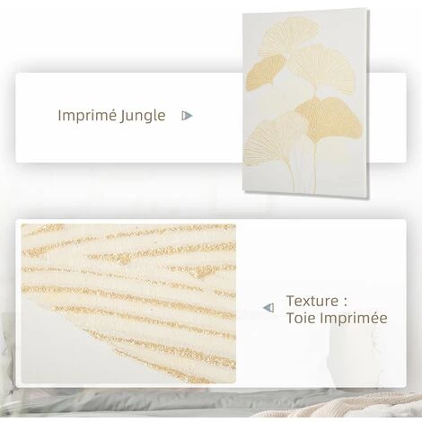 HOMCOM Tableau Imprimé Et Peint Feuilles Ginkgo Biloba - Dim. 100L X 80l Cm - Décoration Murale - Toile 100% Polyester Structure Bois De Pin Encre Dorée Blanc - Blanc 7 HOMCOM Tableau Imprimé Et Peint Feuilles Ginkgo Biloba - Dim. 100L X 80l Cm - Décoration Murale - Toile 100% Polyester Structure Bois De Pin Encre Dorée Blanc - Blanc – Image 5