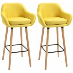 HOMCOM Tabourets De Bar Design Scandinave - Lot De 2 Tabourets De Bar Grand Confort Avec Repose-pieds Et Accoudoirs - Bois De Hêtre Lin Jaune Moutarde - Jaune