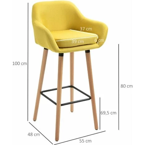 HOMCOM Tabourets De Bar Design Scandinave - Lot De 2 Tabourets De Bar Grand Confort Avec Repose-pieds Et Accoudoirs - Bois De Hêtre Lin Jaune Moutarde - Jaune 5 HOMCOM Tabourets De Bar Design Scandinave - Lot De 2 Tabourets De Bar Grand Confort Avec Repose-pieds Et Accoudoirs - Bois De Hêtre Lin Jaune Moutarde - Jaune – Image 3