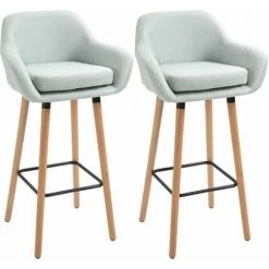 HOMCOM Tabourets De Bar Design Scandinave - Lot De 2 Tabourets De Bar Grand Confort Avec Repose-pieds Et Accoudoirs - Bois De Hêtre Lin Bleu Grisé - Bleu