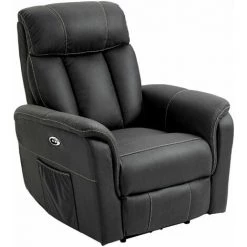 HOMCOM Fauteuil De Relaxation Inclinable électrique Avec Repose-pied Ajustable 2 Pochettes Rangement Tissu Noir Surpiqûres Blanches - Noir