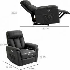 HOMCOM Fauteuil De Relaxation Inclinable électrique Avec Repose-pied Ajustable 2 Pochettes Rangement Tissu Noir Surpiqûres Blanches - Noir -France HOMCOM Soldes 2022 60940573 3