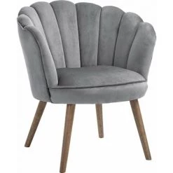 HOMCOM Fauteuil Design Coquillage Piètement Effilé Bois D'hévéa Dossier Enveloppant Strié Aspect Velours Gris - Gris