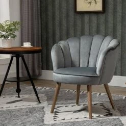 HOMCOM Fauteuil Design Coquillage Piètement Effilé Bois D'hévéa Dossier Enveloppant Strié Aspect Velours Gris - Gris -France HOMCOM Soldes 2022 61063621 4