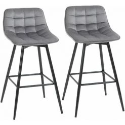HOMCOM Lot De 2 Tabourets De Bar Design Chesterfield Capitonné Piètement Métal Effilé Noir Repose-pied Aspect Velours Gris - Gris