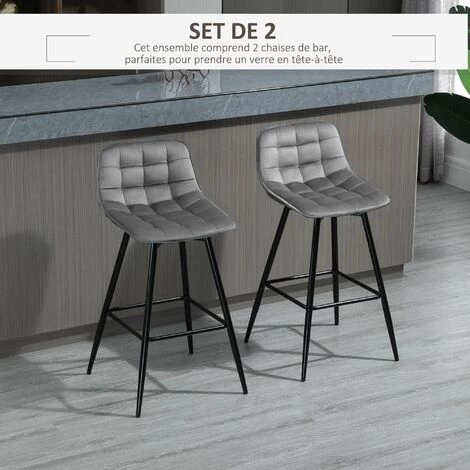HOMCOM Lot De 2 Tabourets De Bar Design Chesterfield Capitonné Piètement Métal Effilé Noir Repose-pied Aspect Velours Gris - Gris 6 HOMCOM Lot De 2 Tabourets De Bar Design Chesterfield Capitonné Piètement Métal Effilé Noir Repose-pied Aspect Velours Gris - Gris – Image 4