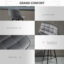 HOMCOM Lot De 2 Tabourets De Bar Design Chesterfield Capitonné Piètement Métal Effilé Noir Repose-pied Aspect Velours Gris - Gris 11 HOMCOM Lot De 2 Tabourets De Bar Design Chesterfield Capitonné Piètement Métal Effilé Noir Repose-pied Aspect Velours Gris - Gris -France HOMCOM Soldes 2022 63541841 5