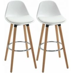 HOMCOM Tabourets De Bar Style Scandinave - Lot De 2 Tabourets De Bar Avec Repose-pieds - Assise Pivotante 360° - Piètement Bois De Hêtre Assise PU Blanc - Blanc