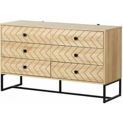 HOMCOM Buffet Design Style Graphique Façades Tiroirs à Chevrons - 6 Tiroirs - Métal Noir Panneaux Aspect Chêne Clair - Beige