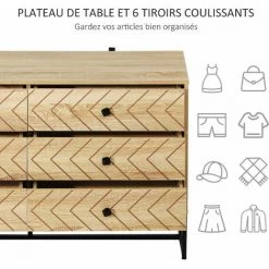 HOMCOM Buffet Design Style Graphique Façades Tiroirs à Chevrons - 6 Tiroirs - Métal Noir Panneaux Aspect Chêne Clair - Beige -France HOMCOM Soldes 2022 63842195 5