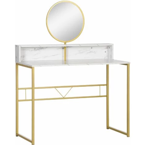HOMCOM Coiffeuse Design Art Déco - Miroir Pivotant Intégré - étagère - Acier Doré Panneaux Particules Aspect Marbre Blanc - Blanc 3 HOMCOM Coiffeuse Design Art Déco - Miroir Pivotant Intégré - étagère - Acier Doré Panneaux Particules Aspect Marbre Blanc - Blanc