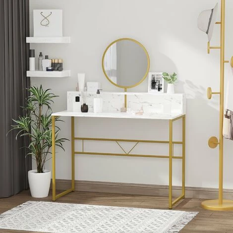 HOMCOM Coiffeuse Design Art Déco - Miroir Pivotant Intégré - étagère - Acier Doré Panneaux Particules Aspect Marbre Blanc - Blanc 4 HOMCOM Coiffeuse Design Art Déco - Miroir Pivotant Intégré - étagère - Acier Doré Panneaux Particules Aspect Marbre Blanc - Blanc – Image 2