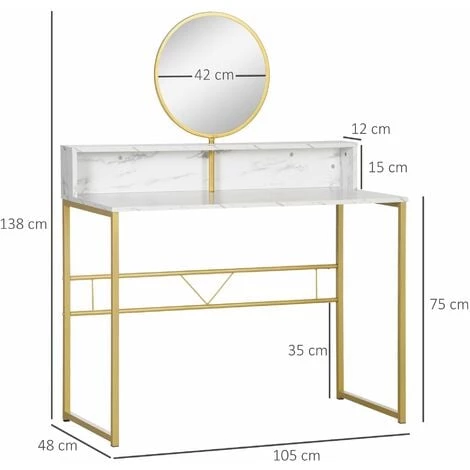 HOMCOM Coiffeuse Design Art Déco - Miroir Pivotant Intégré - étagère - Acier Doré Panneaux Particules Aspect Marbre Blanc - Blanc 5 HOMCOM Coiffeuse Design Art Déco - Miroir Pivotant Intégré - étagère - Acier Doré Panneaux Particules Aspect Marbre Blanc - Blanc – Image 3