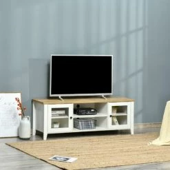 HOMCOM Meuble TV Banc TV Sur Pieds 2 Portes Verre Trempé Avec étagères 2 Niches 2 Passe-fils MDF Aspect Chêne Clair Blanc - Beige 8 HOMCOM Meuble TV Banc TV Sur Pieds 2 Portes Verre Trempé Avec étagères 2 Niches 2 Passe-fils MDF Aspect Chêne Clair Blanc - Beige -France HOMCOM Soldes 2022 63842199 2