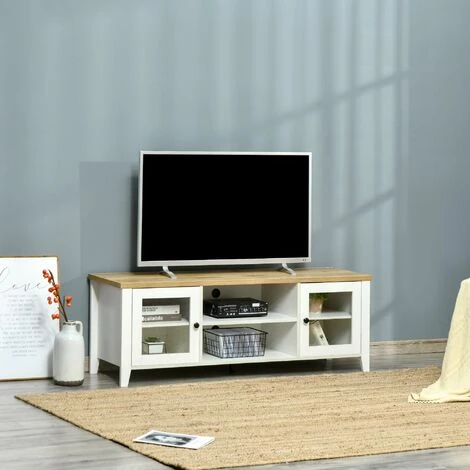 HOMCOM Meuble TV Banc TV Sur Pieds 2 Portes Verre Trempé Avec étagères 2 Niches 2 Passe-fils MDF Aspect Chêne Clair Blanc - Beige 4 HOMCOM Meuble TV Banc TV Sur Pieds 2 Portes Verre Trempé Avec étagères 2 Niches 2 Passe-fils MDF Aspect Chêne Clair Blanc - Beige – Image 2