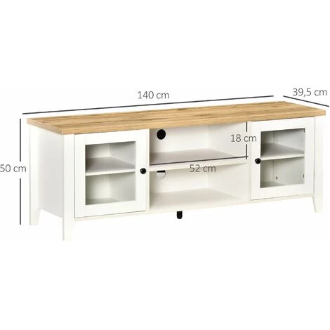 HOMCOM Meuble TV Banc TV Sur Pieds 2 Portes Verre Trempé Avec étagères 2 Niches 2 Passe-fils MDF Aspect Chêne Clair Blanc - Beige 5 HOMCOM Meuble TV Banc TV Sur Pieds 2 Portes Verre Trempé Avec étagères 2 Niches 2 Passe-fils MDF Aspect Chêne Clair Blanc - Beige – Image 3