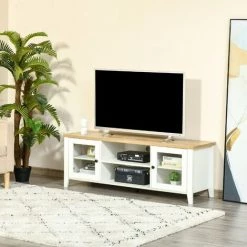 HOMCOM Meuble TV Banc TV Sur Pieds 2 Portes Verre Trempé Avec étagères 2 Niches 2 Passe-fils MDF Aspect Chêne Clair Blanc - Beige 10 HOMCOM Meuble TV Banc TV Sur Pieds 2 Portes Verre Trempé Avec étagères 2 Niches 2 Passe-fils MDF Aspect Chêne Clair Blanc - Beige -France HOMCOM Soldes 2022 63842199 4