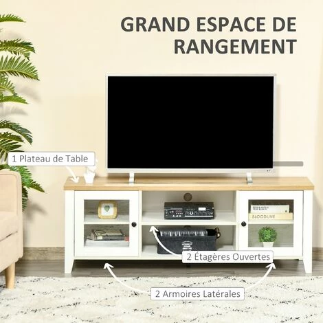 HOMCOM Meuble TV Banc TV Sur Pieds 2 Portes Verre Trempé Avec étagères 2 Niches 2 Passe-fils MDF Aspect Chêne Clair Blanc - Beige 7 HOMCOM Meuble TV Banc TV Sur Pieds 2 Portes Verre Trempé Avec étagères 2 Niches 2 Passe-fils MDF Aspect Chêne Clair Blanc - Beige – Image 5