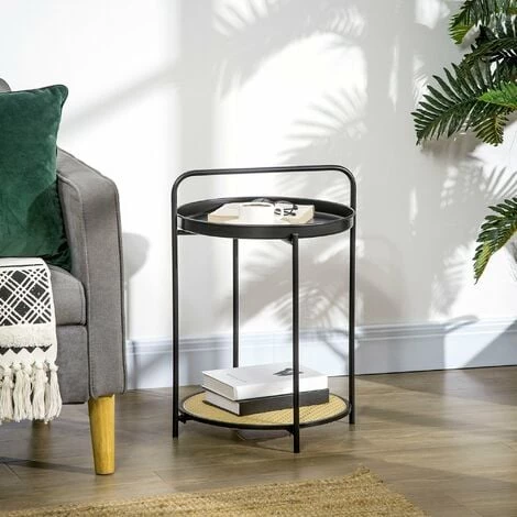 HOMCOM Table D'appoint Guéridon Bout De Canapé Design Néo-rétro Plateau étagère Amovibles Acier Noir PP Aspect Cannage - Noir 4 HOMCOM Table D'appoint Guéridon Bout De Canapé Design Néo-rétro Plateau étagère Amovibles Acier Noir PP Aspect Cannage - Noir – Image 2
