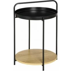 HOMCOM Table D'appoint Guéridon Bout De Canapé Design Néo-rétro Plateau étagère Amovibles Acier Noir Aspect Chêne Clair - Noir