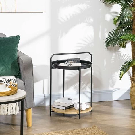 HOMCOM Table D'appoint Guéridon Bout De Canapé Design Néo-rétro Plateau étagère Amovibles Acier Noir Aspect Chêne Clair - Noir 4 HOMCOM Table D'appoint Guéridon Bout De Canapé Design Néo-rétro Plateau étagère Amovibles Acier Noir Aspect Chêne Clair - Noir â Image 2