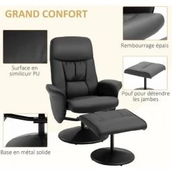 HOMCOM Fauteuil Relax Inclinable Pivotant Style Contemporain Avec Repose-pied Revêtement Synthétique Noir - Noir -France HOMCOM Soldes 2022 64017044 5