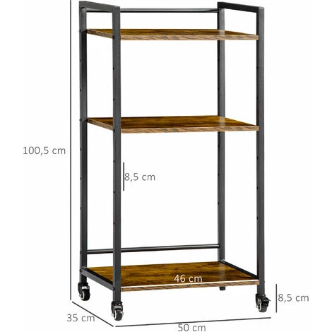 HOMCOM Chariot De Service Desserte Vintage Style Industriel 3 étagères Réglables Acier Noir Panneaux Particules Aspect Bois - Marron 5 HOMCOM Chariot De Service Desserte Vintage Style Industriel 3 étagères Réglables Acier Noir Panneaux Particules Aspect Bois - Marron – Image 3